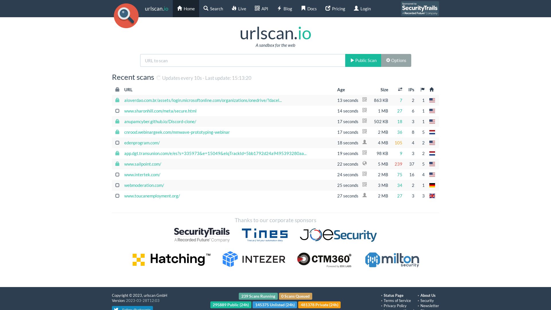 Status do site urlscan.io está   ONLINE